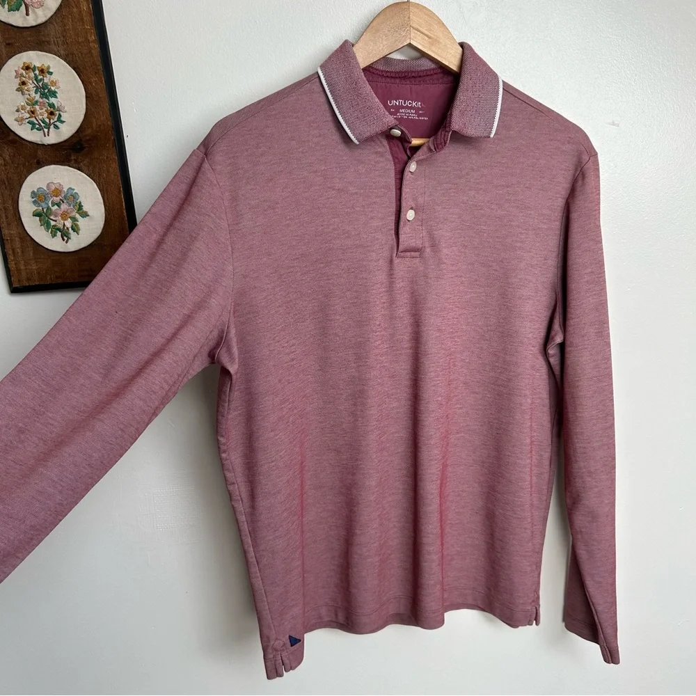UNTUCKit Mens Beaux Long-Sleeve Tipped Polo Shirt Heathered Red/Pink Size Medium - Picture 5 of 11